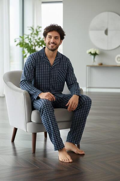 Pijamaevi Navy Blue Gray Plaid Patterned Front Buttoned Elegant Men's Pajama Set