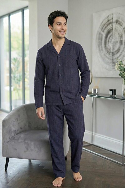 Pijamaevi Navy Blue White Plaid Patterned Front Buttoned Elegant Men's Pajama Set