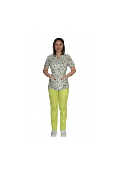 LifeStyle Medical Costum medical dama, bluza kimono cu imprimeu green si pant...
