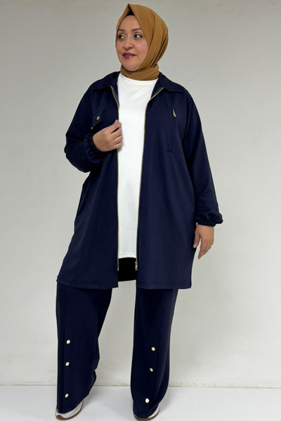 Eslina 57040 Plus Size Zipper Detailed Modal Double Suit - Navy Blue