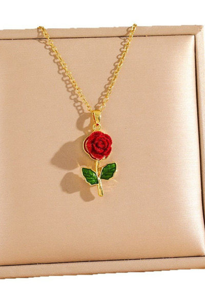 Parantez Aksesuar Red Rose Leaf Detailed Steel Necklace