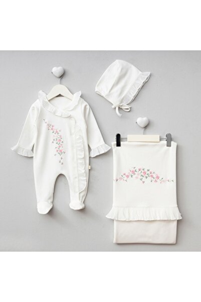 Pugi Baby Pugi̇ Girl 0-3 Months Plied Blanket Jumpsuit Set with Flower Embroidery Hospital Release Mevlütlük
