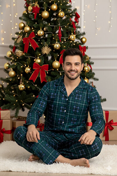 ELİTOL Green Plaid Pattern Suede Buttoned Men's Pajama Set