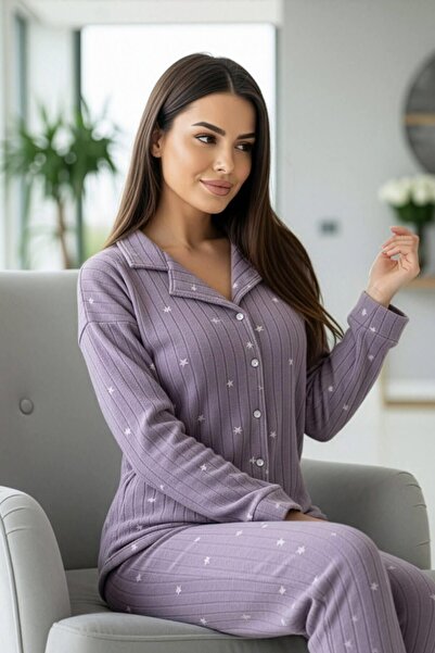 Pijamaevi Lilac Star Patterned Front Buttoned Plush Fleece Pajama Set