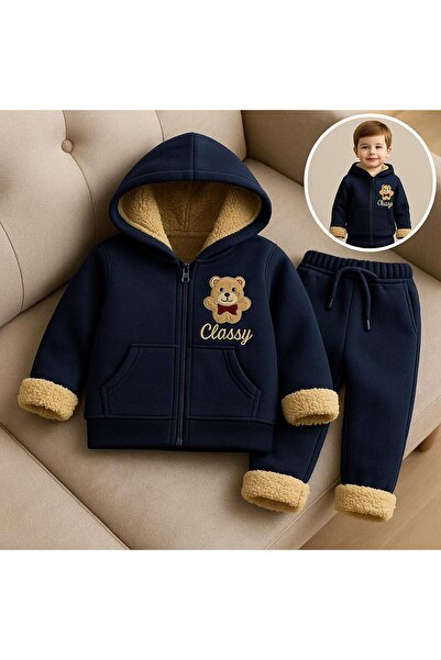 CLASSY.MODA Winter3 Yarn-Unisex Παιδικό Σετ με φερμουάρ K με κουκούλα – Κεντημένο αρκουδάκι, γούνινο εσωτερικό