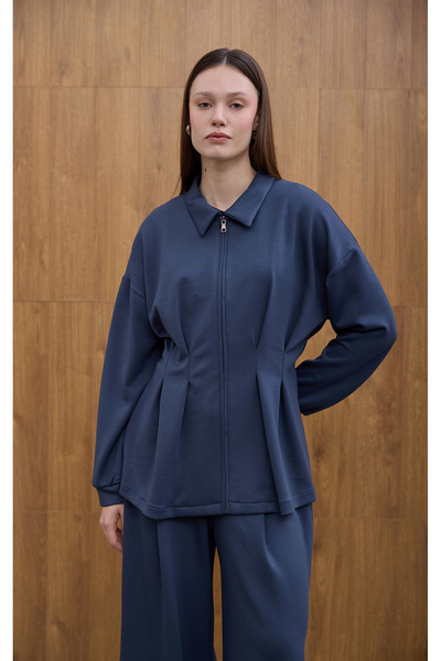 Birgül Bektaş Navy Blue Glow Pile Detailed Zippered Sweatshirt