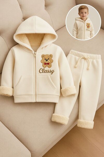 CLASSY.MODA Winter3 Yarn-Unisex Children's K Hooded Zippered Suit – Embroidered Teddy Bear, Furry Inside