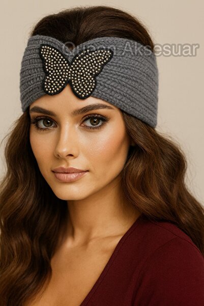 QUEEN AKSESUAR Butterfly Stone Embroidered Knit Knitted Stretchy Wool Fabric Women Hair Bandanas Ear Warmer Gray
