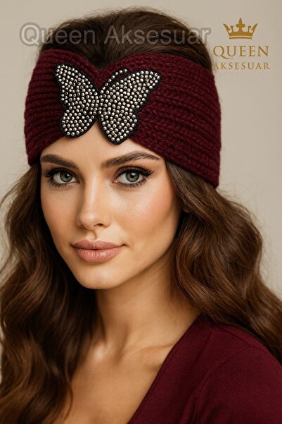 QUEEN AKSESUAR Butterfly Stone Embroidered Knit Knitted Stretchy Wool Fabric Women Hair Bandanas Headband Burgundy Red