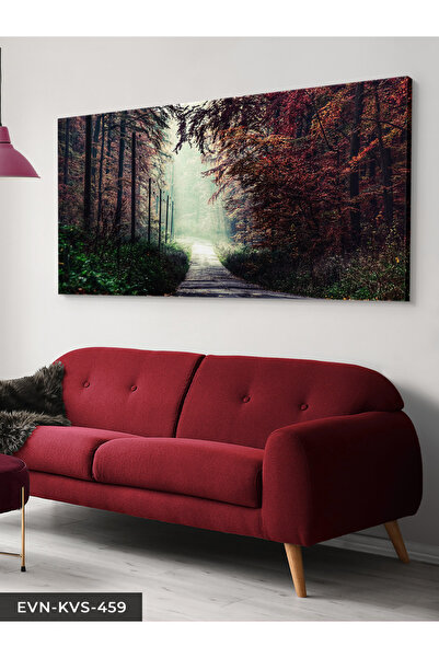 Evinemoda Kırmızı Ağaçlı Orman Yolu Tek Parça Kanvas - Canvas Tablo