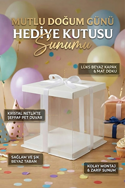 Alvenya Beyaz Doğum Günü İçin Şeffaf Hediye Kutusu – Lüks Sunum Kutusu (33.5x...