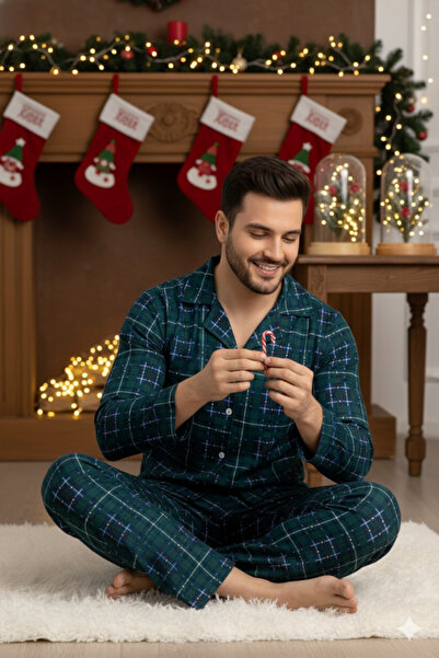 ELİTOL Green Plaid Pattern Suede Buttoned Men's Pajama Set