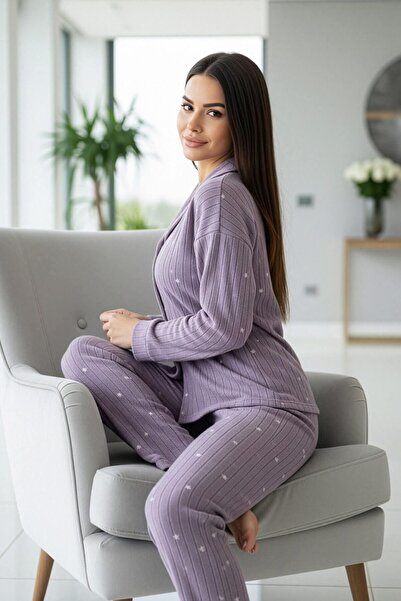 Pijamaevi Lilac Star Patterned Front Buttoned Plush Fleece Pajama Set
