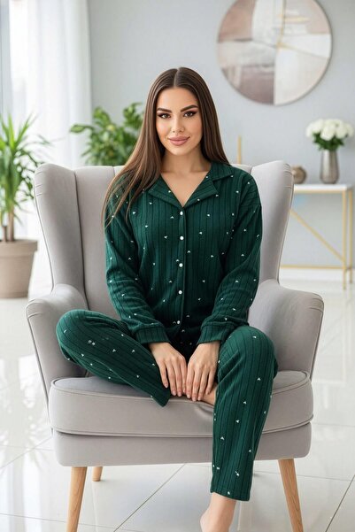 Pijamaevi Green Wick Heart Patterned Front Buttoned Plush Fleece Pajama Set