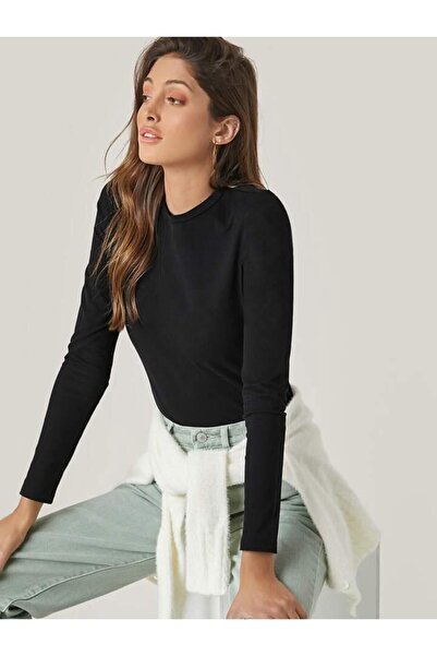 Butik Women's Crew Neck Long Sleeve Lycra Black Body
