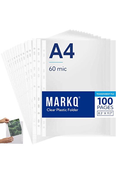 MARKQ A4 Transparent file, 100 Pcs Clear Plastic Folder Punched Pockets (60 mic)