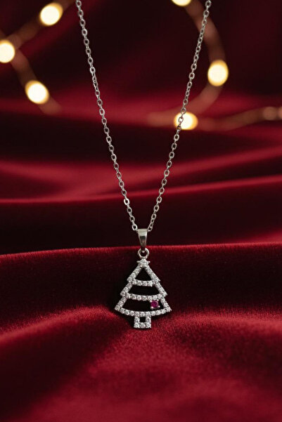 Jaida Moda Women's Silver Color Zircon Stone Pine Tree Figured New Year's Steel Necklace