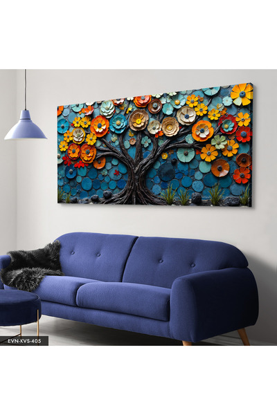 Evinemoda Renkli Çiçeklerle Doku Görünümlü Ağaç Tek Parça Kanvas - Canvas Tablo
