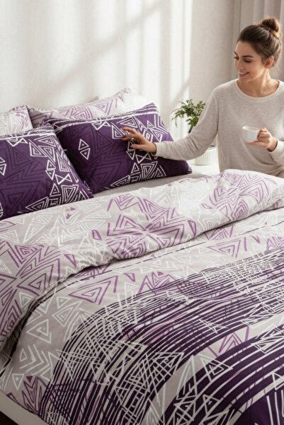 Cottonest Plum Geometric Patterned 100% Cotton Duvet Cover Set – Double Size, Soft Texture, Modern Design