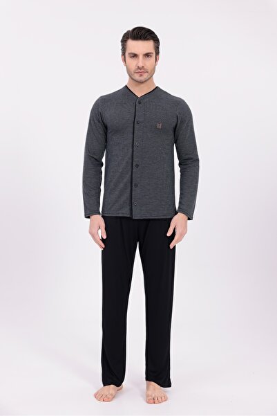 BLACKMORE Men's Anthracite Front Buttoned Jacquard Long Sleeve Cotton Pajama Set