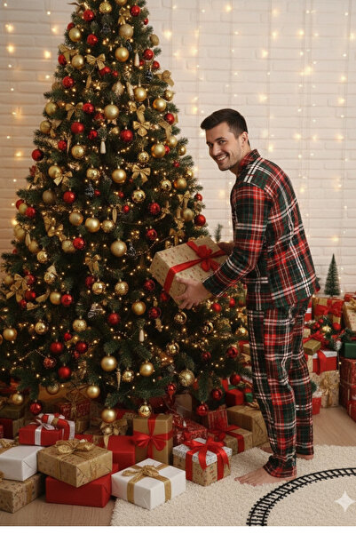 ELİTOL Plaid Pattern Suede Buttoned Men's Pajama Set