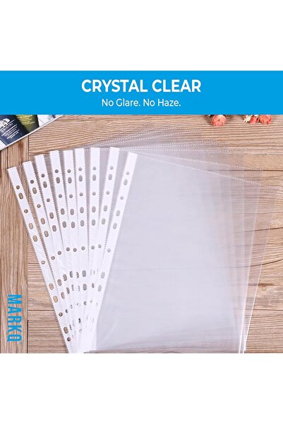 MARKQ A4 Transparent file, 100 Pcs Clear Plastic Folder Punched Pockets (60 mic)