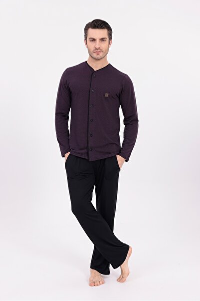 BLACKMORE Men's Plum Front Buttoned Jacquard Long Sleeve Cotton Pajama Set