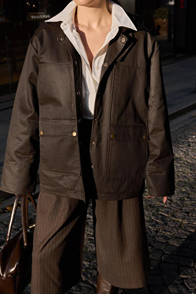 My Blog Καφέ βελούδινο παλτό με λεπτομέρεια με γιακά - 5132