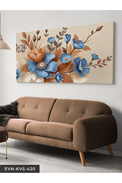 Evinemoda Kahverengi Yapraklı Mavi Çiçekler Tek Parça Kanvas - Canvas Tablo