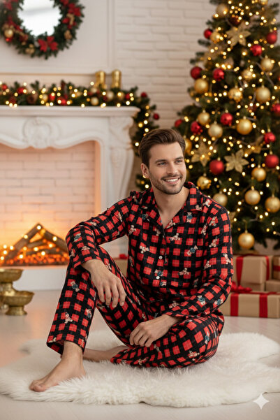 ELİTOL Teddy Bear Pattern Suede Buttoned Men's Pajama Set