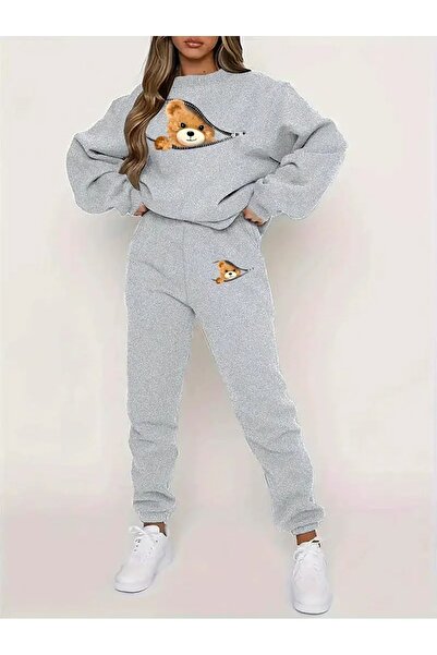 WOODROFFE Σετ αθλητικής φόρμας με φερμουάρ τσέπης Cute Bear με τύπωμα με λαιμόκοψη κάτω επάνω oversized Γυναικεία μαύρη γκρι φόρμα