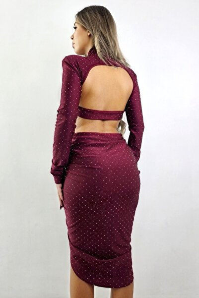 FashionForYou NYVARA asymmetrical dress, cut out, crystals and padded cups, Burgundy, Size S/M