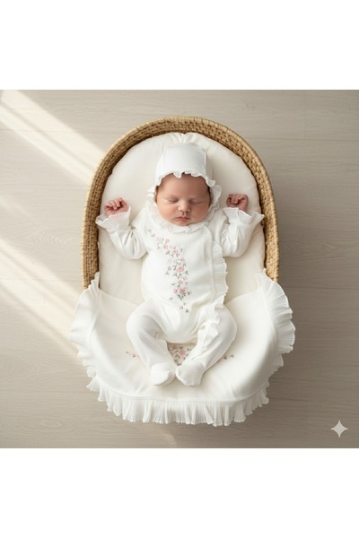 Pugi Baby Pugi̇ Girl 0-3 Months Plied Blanket Jumpsuit Set with Flower Embroidery Hospital Release Mevlütlük