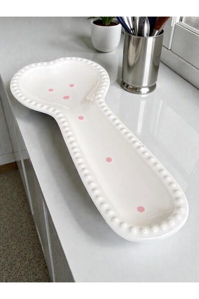 maraşçarşısı Porselen Tezgah Üstü Kirli Kaşıklık – Kaşık Altlığı – 27 cm Şık ve Pembe Puantiyeli