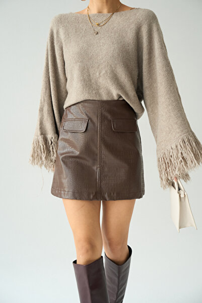 LOOSH Kadın Vizon Kayık Yaka Kolları Püskül Detaylı Kazak