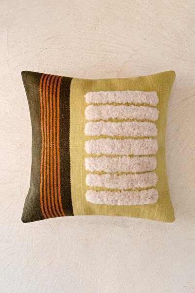 Barine Striped Tufting Detailed Handmade Wool Cushion Cover Green 45X45