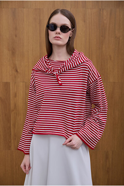 Birgül Bektaş Λεπτό πλεκτό πουλόβερ με λεπτομέρεια από μπορντό φουλάρι