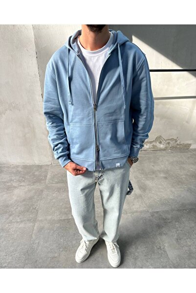 XPUPPETWEAR Bebe Mavisi Basic Çift Fermuar Oversize Zip Hoodie