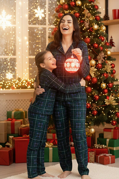 ELİTOL Green Plaid Pattern Suede Buttoned Mother-Daughter Pajama Set