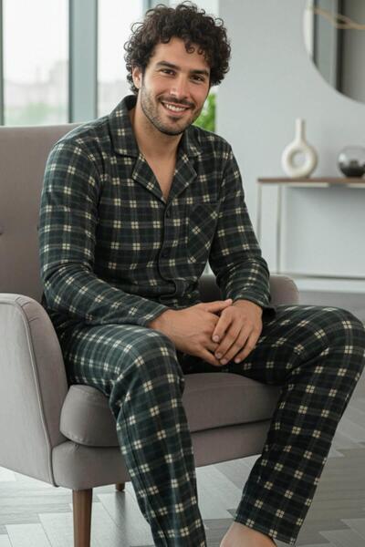 Pijamaevi Black Salmon Plaid Patterned Front Buttoned Elegant Men's Pajama Set