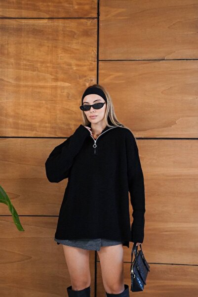 GİYSİ DÜNYASI 57 Triko Fabric Honeycomb Knit Zippered Pola Collar Sweater