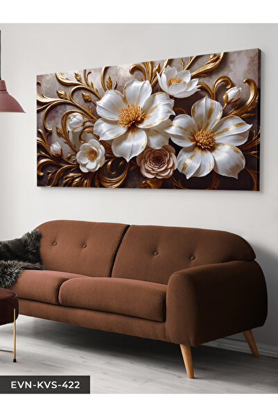 Evinemoda Gold Detaylı Beyaz Çiçek Tek Parça Kanvas - Canvas Tablo
