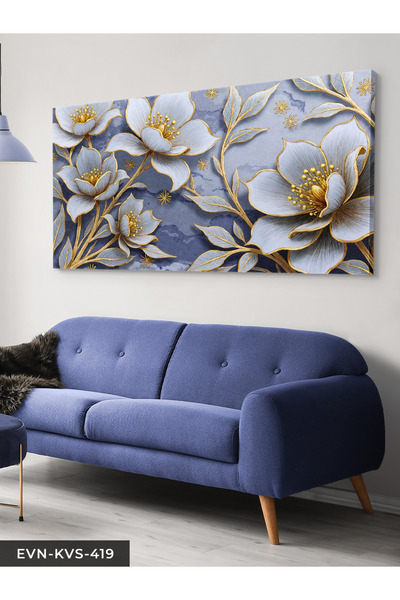 Evinemoda Gold Detaylı Beyaz Çiçek Tek Parça Kanvas - Canvas Tablo