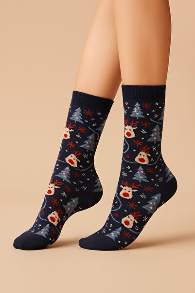 uğurlu dükkan Navy Blue Mini Deer Christmas Figured Concept Socks 36-44