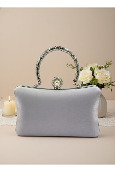 Biçanta Silver Grey Pearl and Crystal Embroidered Glitter Satin Evening Dress Bag Wedding Engagement Graduation
