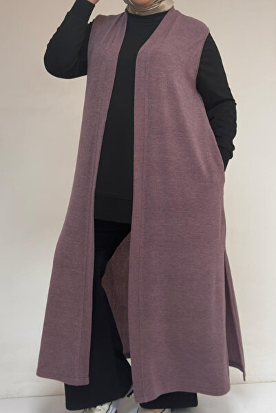 Eslina 54015 Plus Size Slit Pocket Long Mir Vest - Dusty Rose