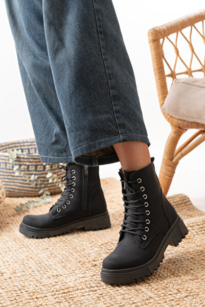 bashrol Women's Zippered Lace-Up Boots Thick Sole Flat Boots