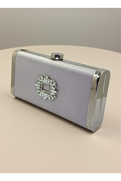 Biçanta Silver Gray Complete Metal Frame and Crystal Embroidered Glitter Satin Evening Dress Bag Wedding Engagement Graduation