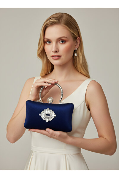 Biçanta Navy Blue Pearl and Crystal Embroidered Glitter Satin Evening Dress B...