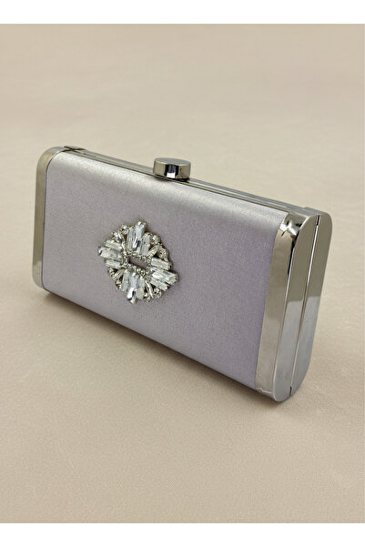Biçanta Silver Gray Complete Metal Frame and Crystal Embroidered Glitter Satin Evening Dress Bag Wedding Engagement Graduation